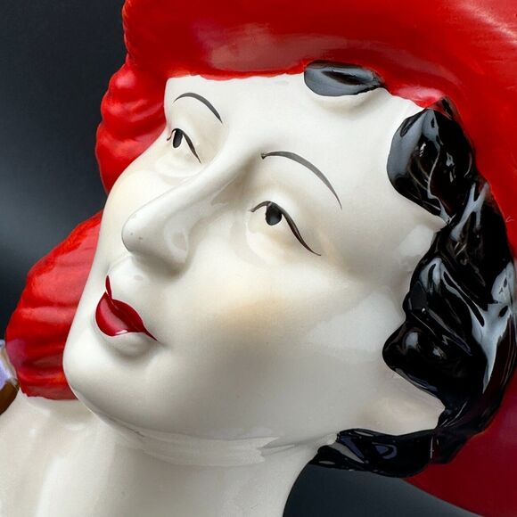 Vintage Lady Head Bust Figurine Ceramic Red Hat with Feather Hand Painted 5.5" H - Picture 8 of 8